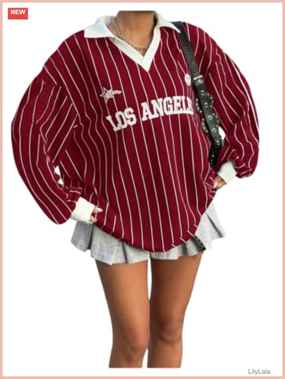 Oversized Striped Letter Print Jersey Shirt Long Sleeve Drop Shoulder